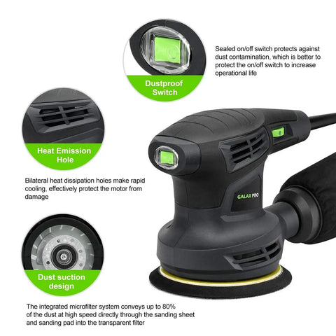 280W Orbital Sander 13000 RPM With Dust Collection And 15 Discs showing dustproof switch and heat emission feature