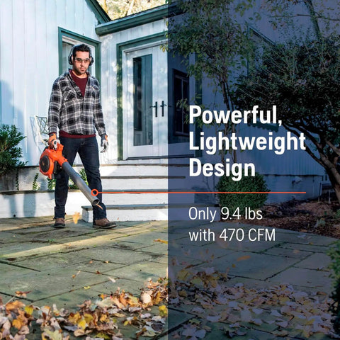Man using Powerful 28cc Gas Leaf Blower With 1.1 HP Two Cycle Engine, 470 CFM Air Volume And 170 MPH Air Velocity in yard