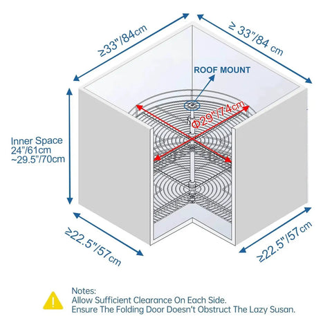 Dimensions diagram for 28 Inch Lazy Susan Cabinet Organizer for Blind Corner Cabinet with Kidney Shape Rotating Tray Turntable.