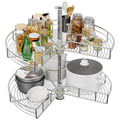 28 Inch Kidney Shaped Chrome Pie Cut Lazy Susan Corner Organizer For Kitchen Base Cabinets With 270 Degree Rotation And Telescoping Mount Two Shelf Blind Corner Storage For Pots Pans Lids And Containers filled with jars and utensils