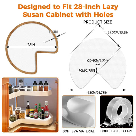 Diagram and images of a 2 Pack 26 Inch Lazy Susan Shelf Liner with upgraded composite materials, showcasing fit and material details.