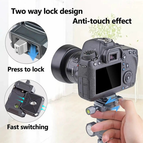 Camera on 28mm Metal Panorama Ball Head For Tripod With Arca Type Quick Release Plate, showing two-way lock design and anti-touch effect.