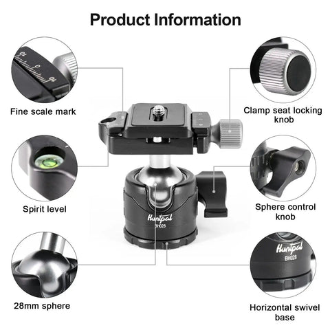 Ball Head Mount for Rifle Tripods with Arca Swiss Plate, 28mm sphere, 360 Rotation, locking knobs, and spirit level shown in diagram.
