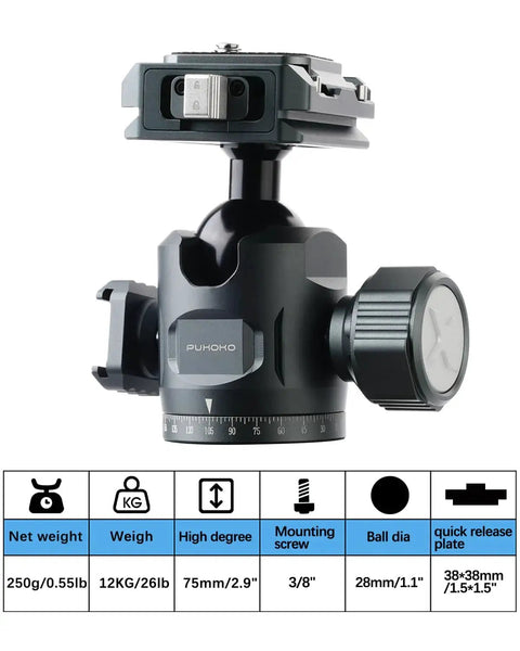 28mm Metal Panorama Ball Head For Tripod With Arca Type Quick Release Plate and 360 Degree Rotation shown in side view