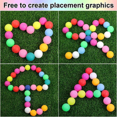 28 Pcs Colored Ping Pong Balls, 40mm Table Tennis Balls arranged in heart and shapes on grass for games or arts.
