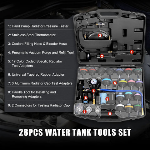 Automotive coolant tester kit by JIFETOR, 28-piece radiator pressure/vacuum set in a hard case with hoses and adapters.