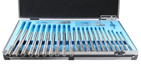 Accusize Industrial Tools 29 Pc Set 1/16 to 1/2 inch by 1/64 in HSS M2 Premium Chucking Reamers displayed in aluminum case