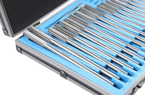 Accusize Industrial Tools 29 Pc Set 1/16 to 1/2 inch by 1/64 in HSS M2 Premium Chucking Reamers in aluminum case on blue tray