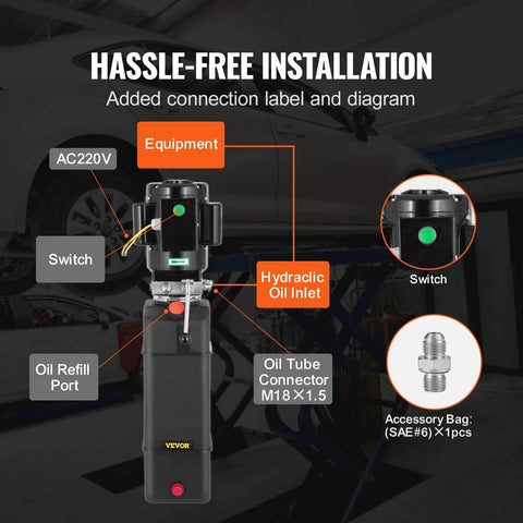Diagram showing Hydraulic Pump 2950 PSI 60HZ Hydraulic Power Unit 3 HP 220V connections and parts with labels for easy installation