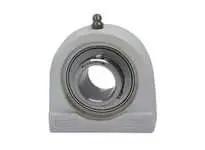Front view of 30mm Stainless Steel Locking Ball Bearing Set Screw Tap Base for Washdown Equipment with White Plastic Housing MUC206