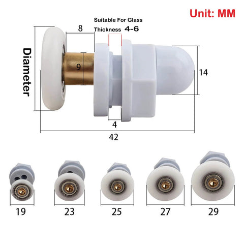 Diagram of 4PCS 29mm shower door rollers replacement with copper rod pulley, showing dimensions and nylon runners.