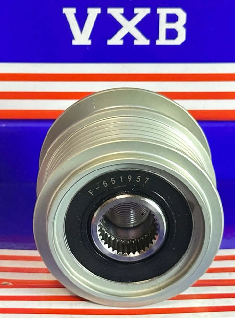 Front view of Land Rover alternator pulley, F-551957, silver grooved pulley, by VXB Bearings.