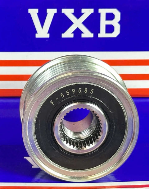 F-559585 alternator freewheel pulley bearing, metal housing with black inner race, VXB Bearings branding in background.