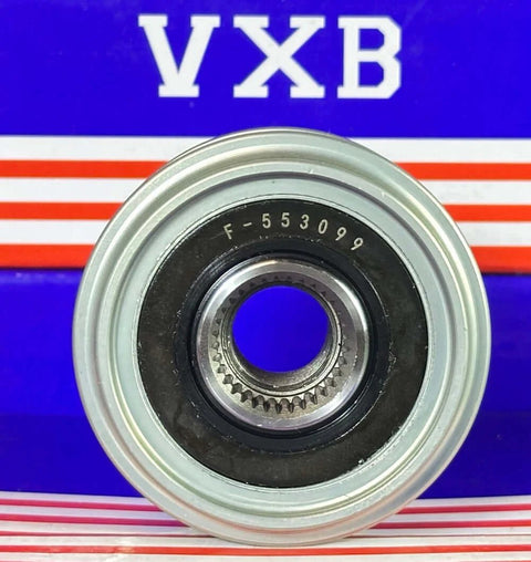 Front view of F-553099 alternator freewheel clutch pulley bearing, silver metal housing, inner gear, VXB Bearings