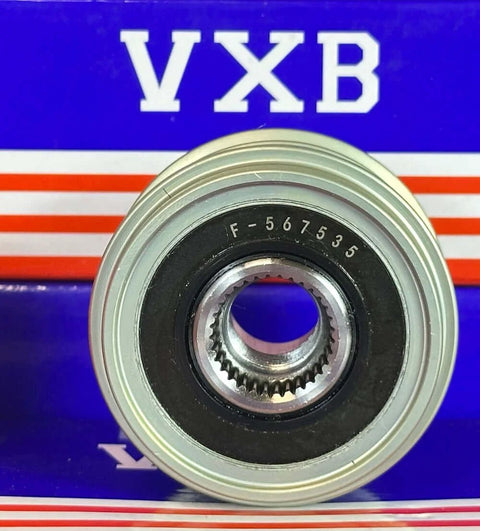 F-567535 alternator clutch pulley, silver metal with inner toothed bore, front view on blue VXB Bearings box