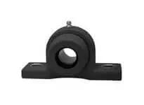 Front view of 3/4 in Set Screw Pillow Block Bearing Insert with Open Cover, Stainless Housing and Black Set-Screw Insert for 3/4 in Shaft.