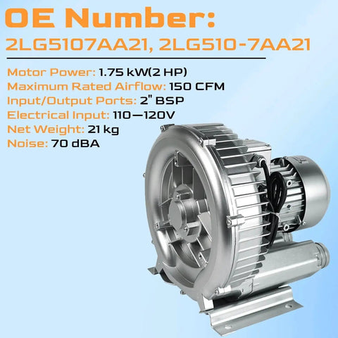 2HP Regenerative Blower 110 To 120 Volts High Pressure Industrial Vacuum Pump 1.75 Kilowatts 150 CFM side view