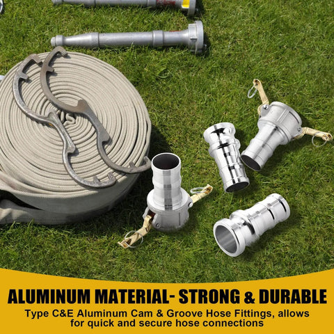 Workhorse All In One 2 Inch Camlock Fittings Kit Type C And E Aluminum Cam And Groove Hose Fittings Set displayed with hose components