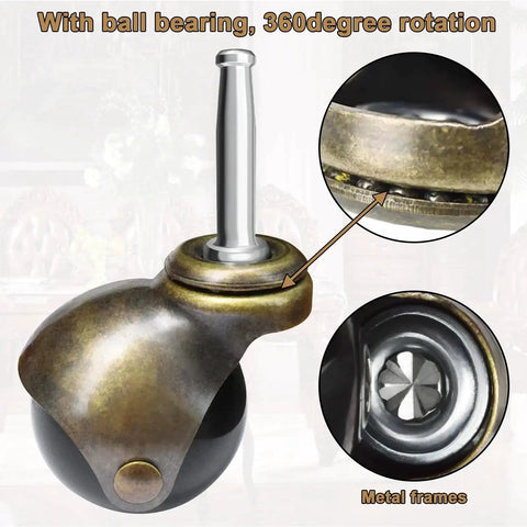 Two Inch Ball Caster Wheels Set Of Four With Five Sixteenth By One And One Half Inch Metal Sockets Antique Gold Finish Polyurethane Wheels For Quiet Rolling Replacement For Sofa Chair And Cabinet Furniture DIY Repair close-up of wheel with metal socket and bearing.