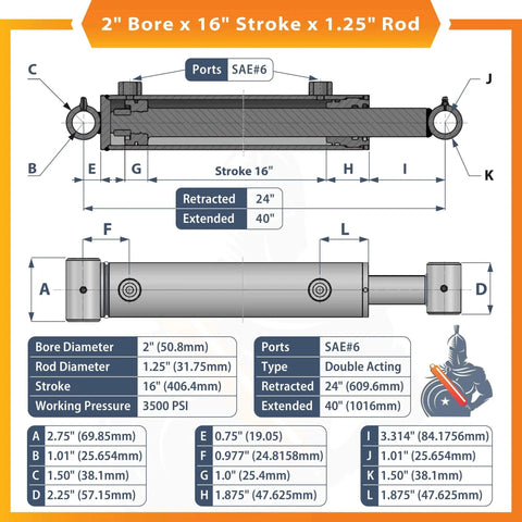 Diagram of 2 Inch Bore X 16 Inch Stroke Double Acting Welded Cross Tube Hydraulic Cylinder SAE 6 Ports 3500 PSI.