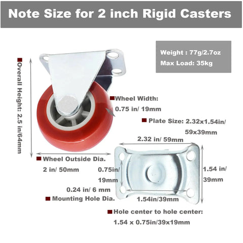 2 Inch Rigid Plate Caster Wheels No Swivel For Furniture And Workbenches, Hard Rubber Wheels, 6 Pack with dimensions