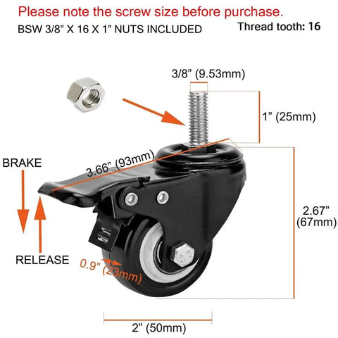 2 Inch Heavy Duty Swivel Stem Casters Set Of 4 With Double Locking Brakes, 600 Lb Capacity, 3/8-16x1 Threaded Stem, Black, side view