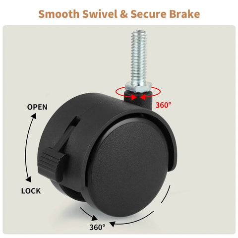 2 Inch Nylon Caster Wheels With Brake, 5/16-18 Threaded Stem UNC Coarse Thread shown with swivel and brake features