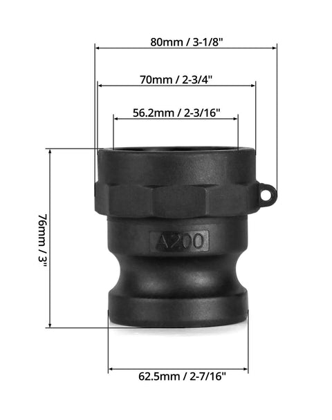 Poly Cam Latch Fittings 4 Pack Type A Standard Couplings Plastic Quick Disconnect Adapters 2 Inch Male To 2 Inch Female Thread Durable Polypropylene Construction Suitable For Fluid Transfer Industrial And Agricultural Use, front view with dimensions