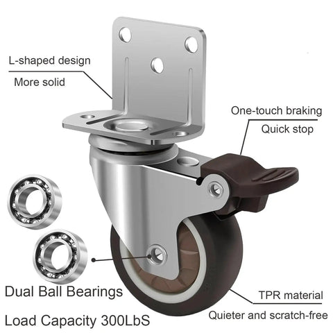 2 Inch Side Mount Caster Wheels Set Of 4 For Furniture And Cribs Rubber TPR Silent Swivel Castors with brake and bearings