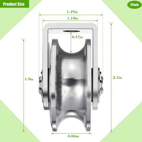 Front view of 2Pack Pulley Block U 304 Stainless Steel Pulley Roller, 2 Inch Heavy Duty Duplex Bearing Silent Grooved Wheel Dimensions