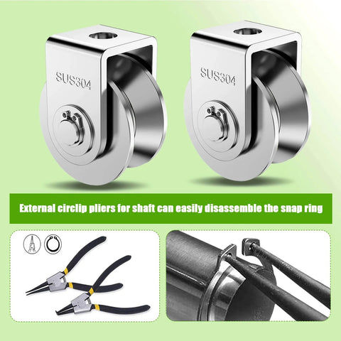 2Pack Pulley Block U 304 Stainless Steel Pulley Roller, 2 Inch Heavy Duty Duplex Bearing Silent Grooved Wheel Loading 880lb/400Kg for Material Handling and Moving, shown with external circlip pliers and snap ring.