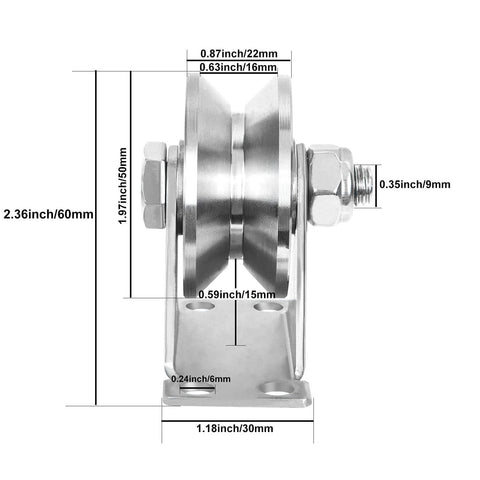 ✝️ 2 Pack 2 Inch V Groove Wheel Pulley, 304 Stainless Steel Silent Pulley Block, Heavy Duty Caster Wheels, side view with dimensions