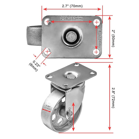 2 Inch Heavy Duty All Steel Swivel Plate Caster Wheels Set of 4 with dimensions and double ball bearings, gray metal, 360 rotation