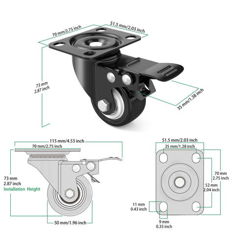 Diagram of 2 Inch Heavy Duty Swivel Caster Wheels Set of 4 with Brake, showing dimensions and dual locking swivel plate castors design.