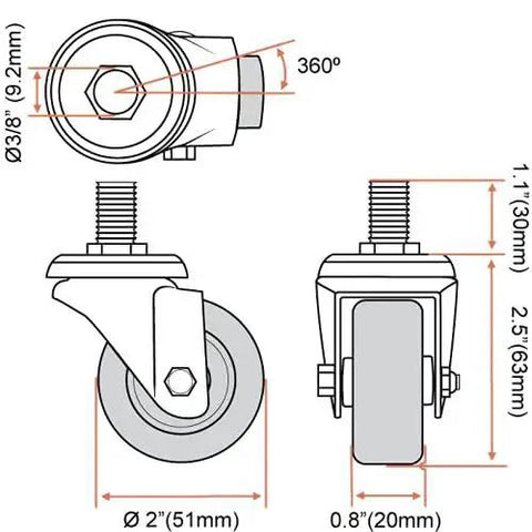 Diagram of 4 Pack Swivel Stem Casters With 2 Inch Rubber Wheels, Three Eighths Inch Threaded Stem, One Point One Inch Stem Length