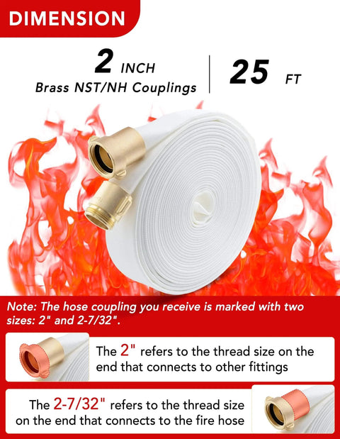 Fire Hose 2 Inch ID 25 Ft Single Jacket TPU Firefighter Hose With M And F NST NH Brass Couplings 750 PSI Burst Pressure Lightweight