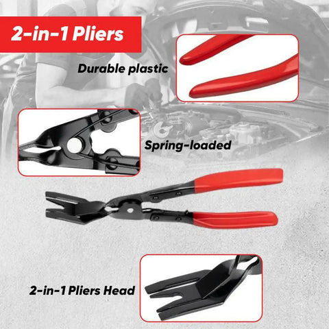 2-in-1 pliers with spring-loaded, durable plastic handles, featuring a unique head design for versatile auto repair tasks.