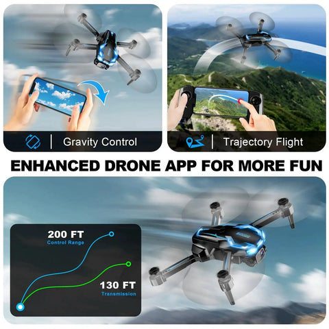 2K HD FPV Drone With Adjustable Angle Camera Real Time Wi Fi FPV Transmission Altitude Hold One Key Takeoff Landing displayed with gravity control and trajectory flight options, highlighting 200 ft control range and 130 ft transmission.