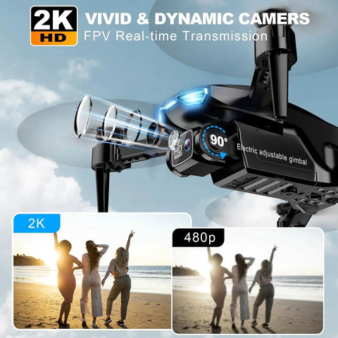 Close-up of a 2K HD FPV Drone With Adjustable Angle Camera Real Time Wi Fi FPV Transmission Altitude Hold, showing electric gimbal.