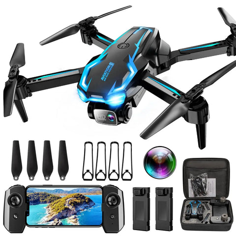 2K HD FPV Drone With Adjustable Angle Camera Real Time Wi Fi FPV Transmission Altitude Hold One Key Takeoff Landing Three Speed Modes Headless Mode Foldable Portable Design Includes Two Batteries Ideal Gift For Beginners Teens product with accessories