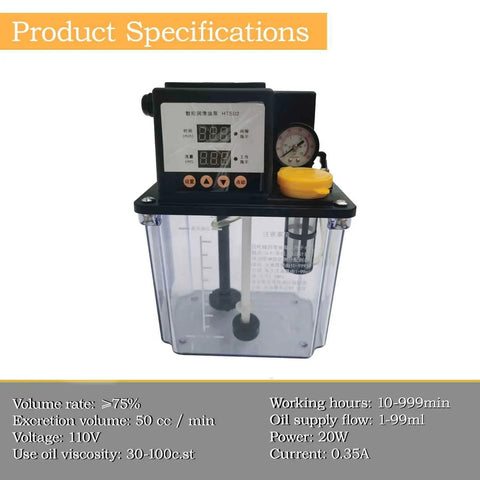 Front view of 2L 110V Automatic Lubrication Pump With Dual Digital Display Gear Oiler For CNC Machines showcasing product specifications