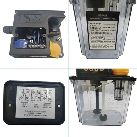 2L 110V Automatic Lubrication Pump with Dual Digital Display Gear Oiler, CNC machine component close-up showing wiring and instructions.