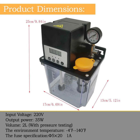 2L Automatic Lubricating Oil Pump 220V Lubrication Oiler With Pressure Testing front view with dimensions and specifications