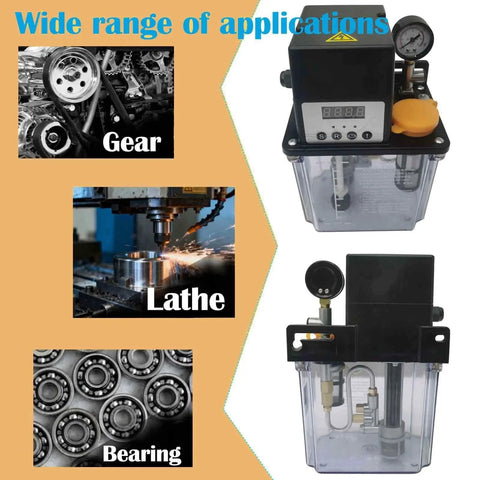 2L Automatic Lubricating Oil Pump 220V Lubrication Oiler with Pressure Testing shown with applications for lathe, gear, and bearing.