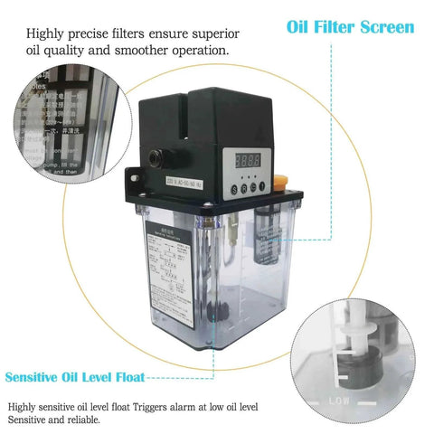 2L Automatic Lubricating Oil Pump 220V Lubrication Oiler With Pressure Testing, close-up of oil filter and level float features