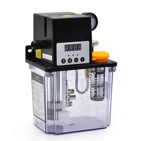 Front view of 2L Automatic Lubricating Oil Pump 220V Lubrication Oiler With Pressure Testing, featuring a clear 2-liter reservoir.