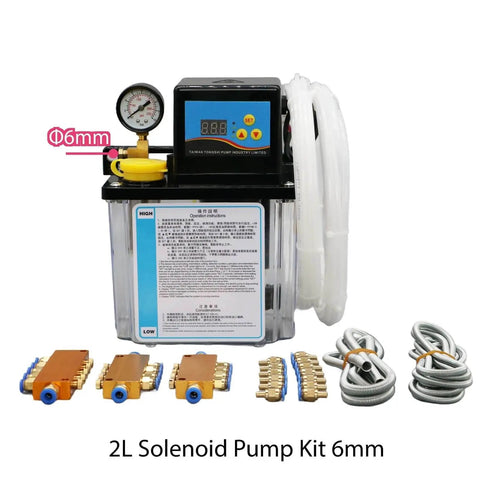 2L CNC Lubricant Pump Kit With Automatic Oil Lubrication System, includes 6mm fittings, gauge, and tubing for machine tools