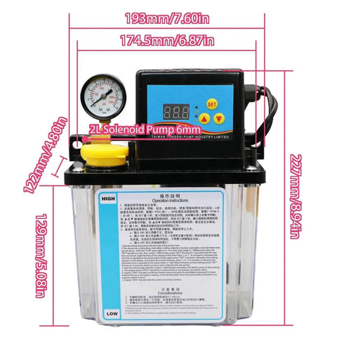 Front view of 2L CNC Lubrication Pump Kit with Electromagnetic Automatic Oil Pump System for CNC Machines, showing dimensions, dual voltage.