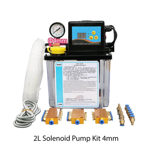 2L CNC Lubrication Pump Kit With Automatic Oil Pump System For CNC Machine Tools, includes 4mm fittings, front view display.