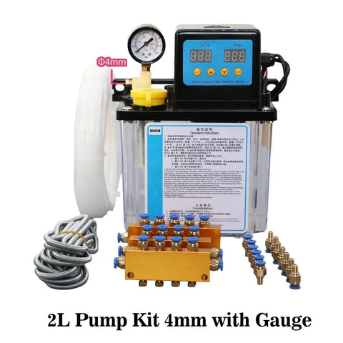 2L Pro Grade CNC Lubrication Pump System Kit, Automatic Oil Pump for CNC Machine Tools, 4mm fitting with gauge, durable sealed unit